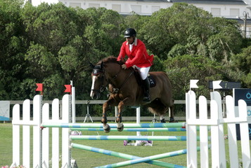Man riding horse jumping in equestrian show