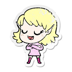 distressed sticker of a happy cartoon elf girl