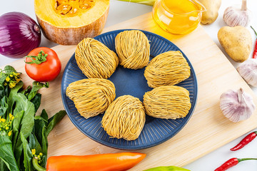 Fresh vegetables melon and scallop noodles / nutrition concept background material