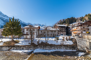 Forni di Sopra winter. Ancient mountain village. Pearl of the Friulian Dolomites