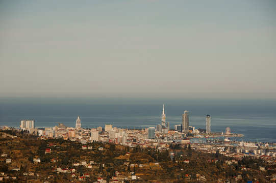 Landcape of the georgeous city Batumi on the sea shore from the hill