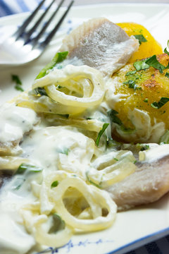 Matjesfilet mit Zwiebeln und Bratkartoffeln