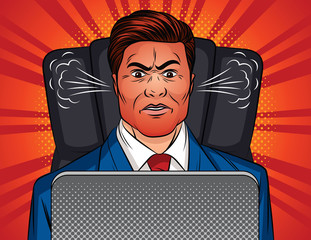 Color vector pop art style illustration of an angry man sitting in an office chair at a table. Boss is sitting in front of a laptop. A man in a office suit with a red face and a steam from the ears