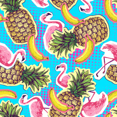 Summer seamless bright pattern with flamingo and pineapple. Zine Culture style summer background © annbozhko