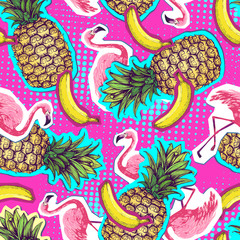 Summer seamless bright pattern with flamingo and pineapple. Zine Culture style summer background © annbozhko