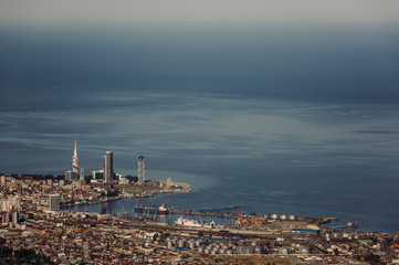 Landscape of the beauteous city Batumi on the sea shore from the hill