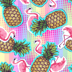 Summer seamless bright pattern with flamingo and pineapple. Zine Culture style summer background