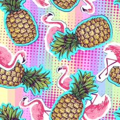 Wall murals Flamingo Summer seamless bright pattern with flamingo and pineapple. Zine Culture style summer background