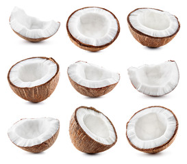 Coconut half, coconut slice and coconut chunk set. Isolate on white. - obrazy, fototapety, plakaty