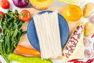 Fresh vegetables melons and noodles / vegetarianism concept poster
