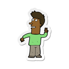 sticker of a cartoon man making peace sign