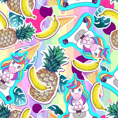 Summer seamless pattern with unicorn and pineapple. Zine Culture style summer cut out background