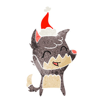 happy retro cartoon of a fox wearing santa hat