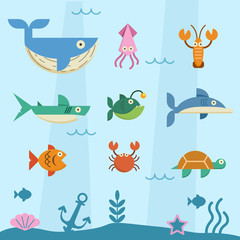 Naklejka premium Sea Life Flat Retro Character