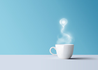 hot black coffee in white coffee mug with aroma smoke light bulb