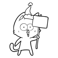 funny line drawing of a cat with sign wearing santa hat