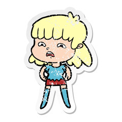 distressed sticker of a cartoon worried woman