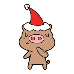 line drawing of a content pig wearing santa hat