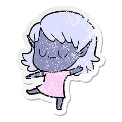 distressed sticker of a happy cartoon elf girl