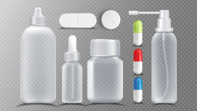 Transparent Medical Container Vector. Jar For Tablets, Vitamin, Capsule. Packaging Design Isolated Realistic Illustration