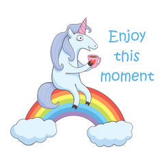 Obraz na płótnie Canvas Cute cartoon unicorn vector illustration with slogan isolated. Children's illustration of funny animal for print design.