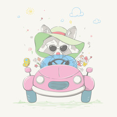 Lovely cute raccoon girl is driving the car. Young racer in the summer hat and the glasses with the color flowers.