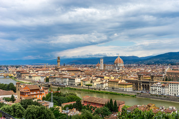 Fototapeta na wymiar Panaromic view of Florence with Palazzo Vecchio and Duomo viewed from Piazzale Michelangelo (Michelangelo Square)