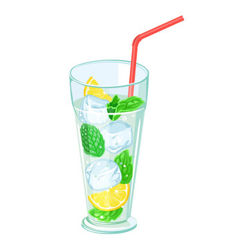 Mojito cocktail vector illustration in flat style isolated on wight background. Concept for menu, bar, restaurant or cafe. Summer drink with ice, mint and lemon or lime.