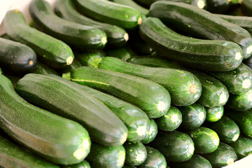 A group of fresh green zucchini stacked in rows. Cropped shot, horizontal, close-up, side view. Concept of agriculture and proper nutrition.