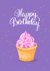 Sweet dessert on a bright background with an inscription greeting card. Happy birthday cake with pink cream and cookies on a purple background, template vector