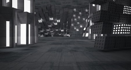 Naklejka na ściany i meble Abstract concrete parametric interior with neon lighting. 3D illustration and rendering.