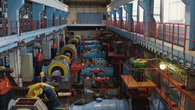 Mechanical factory for water purification, recycling. Colourful factory with equipment. Industrial concept