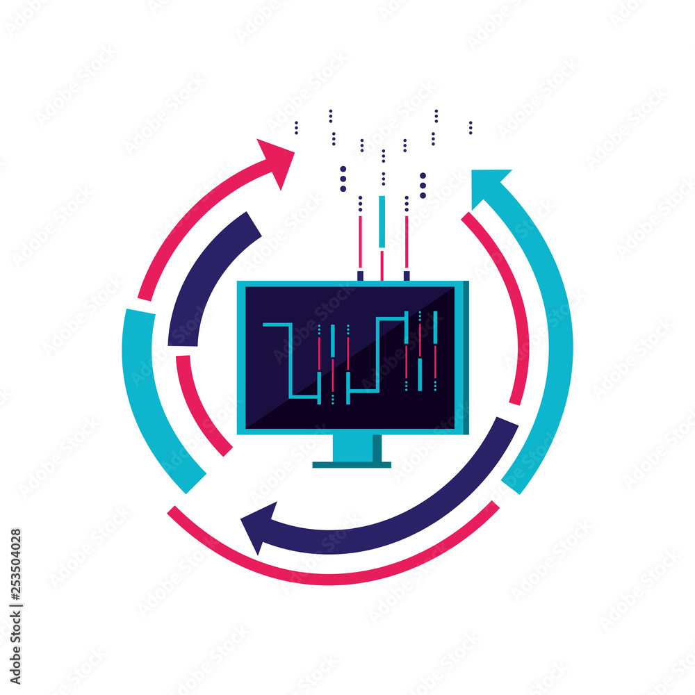 Poster computer monitor with circuit and arrows