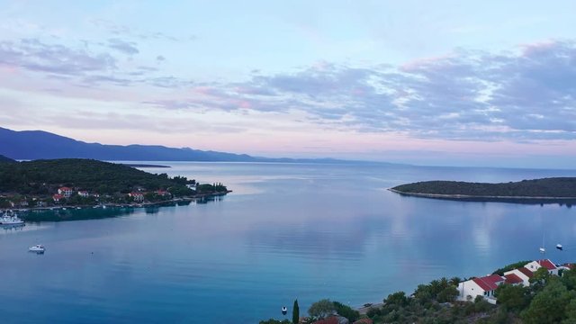Panoramic view of Loviste city and harbor during a beautiful dawn. Croatia. Aerial view travelling around