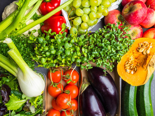 Raw vegetables and fruits background.Healthy organic food concept