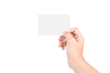 Fototapeta premium Male Caucasian hand gestures isolated over the white background. HAND Holding CARD.
