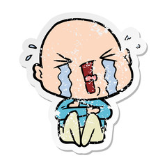 distressed sticker of a cartoon crying bald man