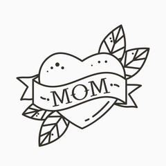Heart with ribbon and inscription Mom. Greeting retro greeting card element for Mother's Day. vintage tattoo. flat vector illustration isolated