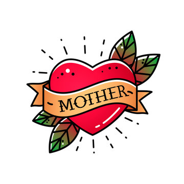 Heart with ribbon and inscription Mom. Greeting retro greeting card element for Mother's Day. vintage tattoo. flat vector illustration isolated