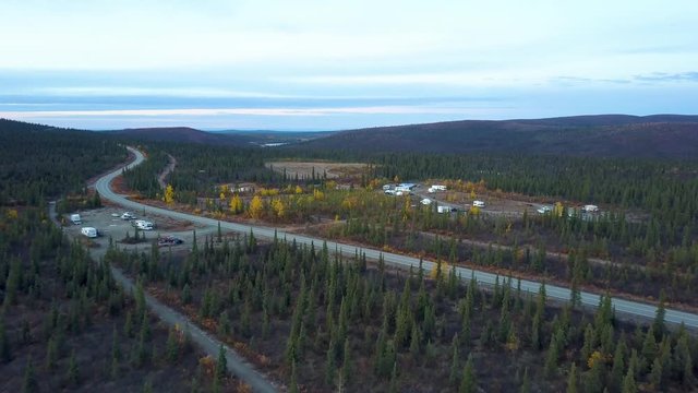 Camping grounds on either side of the Richardson Highway in Meiers Lake, Alaska. Aerial drone shot