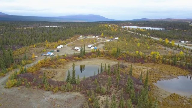 Drone flying over the camping ground along the Richardson Highway in Meiers Lake, Alaska