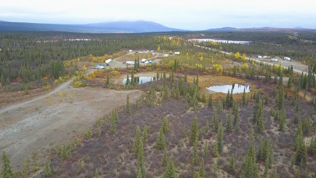 Beautiful aerial drone shot of isolated camping ground along the Richardson Highway in Meiers Lake, Alaska