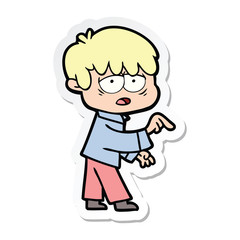sticker of a cartoon exhausted boy