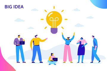 Flat business people with big Light Bulb Idea. People working together on new Project.  Creativity, Brainstorming, Innovation concept.  Flat Vector illustration.