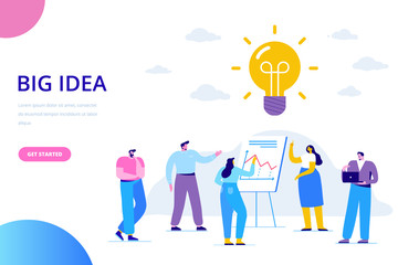 Fototapeta na wymiar Flat business people with big Light Bulb Idea. People working together on new Project. Creativity, Brainstorming, Innovation concept. Flat Vector illustration.