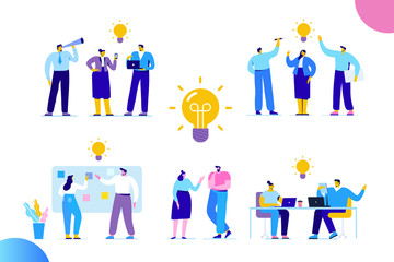 Flat business people with big Light Bulb Idea. People working together on new Project.  Creativity, Brainstorming, Innovation concept.  Flat Vector illustration.