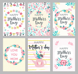 Set of Mothers day greeting cards. Collection of textured delicate Happy Mother's day greeting cards with flowers and wreaths