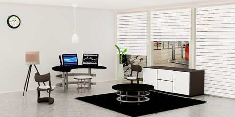 Modern working room interior, 3 black desktop computer put on a glass table in front of white wall, a lamp and flower pot place on marble floor, White color tone room, Scandinavian style, 3D rendering