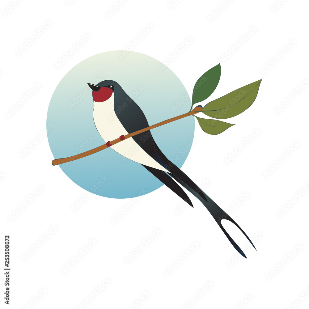 Poster flat vector icon of martlet sitting on branch with green leaves in circle shape background. wild bir