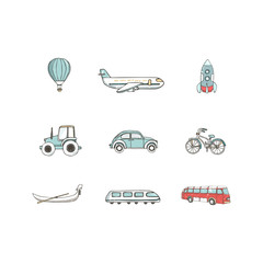 Transport 8 icons. Trasportation Vintage Flat color Concept. Airplane, car, bike. Hand drawn illustration, grunge style texture clip art on white background